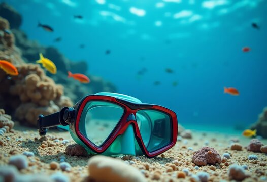 A diving mask on the seabed against the backdrop of reefs and fish