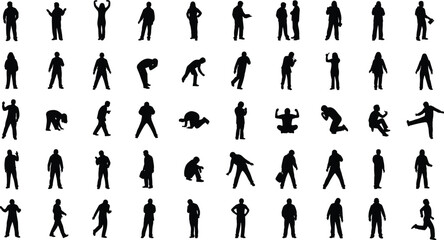 Human silhouette pose grid, walking standing sitting gesture, lifestyle movement reference, animation body language art, posture illustration set © MD