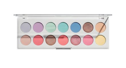 Pastel eyeshadow palette with twelve colorful shades isolated on transparent background