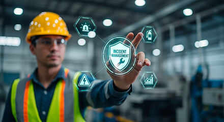 An engineer using an incident management symbol for the concept of industrial safety.