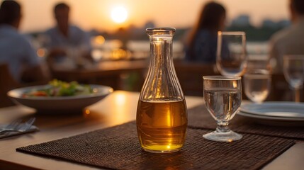 Obraz premium A table setting with a bottle of dressing and glasses at sunset with a blurred family dining in the background