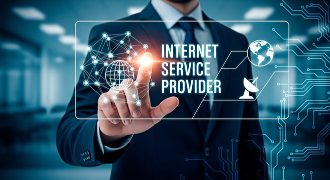 A business man touching a interface of Internet Service Provider for the concept of Technology network.