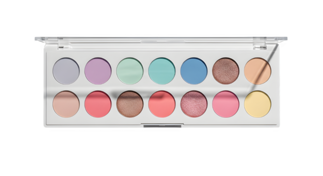Pastel eyeshadow palette with twelve colorful shades isolated on transparent background