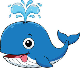 Cute cartoon blue whale with happy face and water splash, adorable sea animal illustration, smiling ocean creature on white background