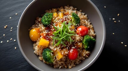 A healthy bowl of brown rice with vibrant vegetables sesame seeds and sauce