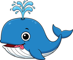 Cute cartoon blue whale with smiling face and water splash, adorable sea animal illustration, happy ocean creature on white background