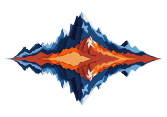 abstract geometric mountain range silhouette composed of layered blue and orange shapes, perfectly reflected on a glassy lake. isolated graphic poster with ample copy space. concept of dualistic