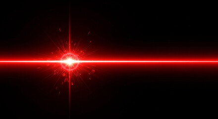 Stunning brilliant red laser beam cuts horizontally across deep black background creating dramatic science fiction energy effect