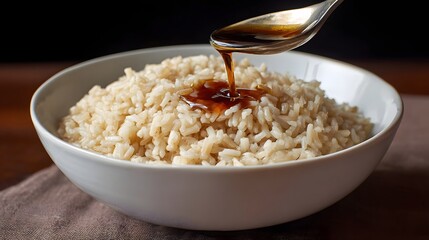 A spoon pours dark sauce onto a bowl of fluffy brown rice highlighting its texture and appeal