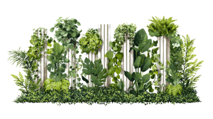 Vertical indoor plant wall lush green foliage modern interior living wall vertical garden decorative plants isolated on white background
