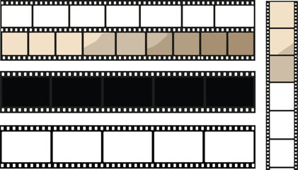 Three horizontal film strips and one vertical film strip with blank frames and colored frames