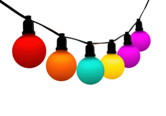 close-up studio shot of vibrant red, orange, teal, yellow, and magenta g40 bistro party lights hanging on black wire, floating against a high-key transparent background. concept for festive