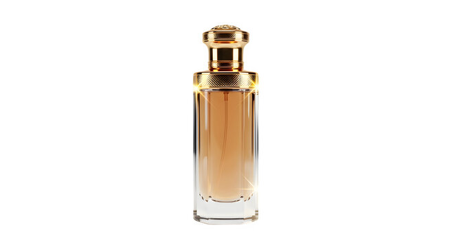 Elegant glass perfume bottle with gold cap isolated on transparent background