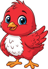 Cute cartoon red bird with blue eyes and white belly, adorable flying animal illustration, happy character isolated on white background