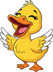 Cute cartoon yellow duck laughing with open beak and spread wings, happy duckling illustration, adorable bird character on white background