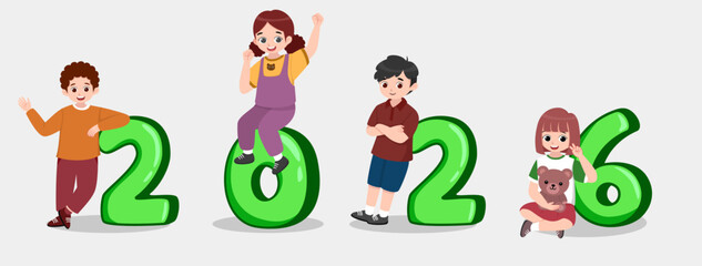 Cute kids interacting with large purple 2026 numbers in a cheerful and playful style. Ideal for New Year and kids-themed designs.