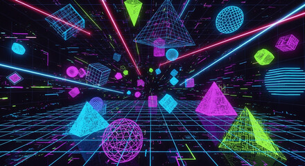 Dynamic retro wave tunnel with glowing neon geometric shapes flying toward a futuristic digital horizon
