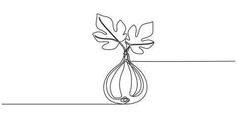 Abstract fig fruit with leaves, Continuous one line drawing isolated on white background, Continuous one single minimal line drawing Figs fruit, Single one line drawing whole healthy organic figs pro.
