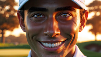 Male Golf Player Golf Course Sunset Green Grass Trees White Shirt Golf Gloves Smile Golden Skin Crinkled Eyes Teeth Warm Light Shallow Depth Realistic Portrait Outdoor Sport Cheerful Generative AI