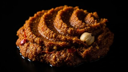 An appetizing dollop of a rich and spicy paste made from ground chili and spices with a whole nut on a dark background