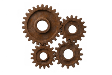 Rusty metal cogwheels interlocking, showing industrial mechanism, cooperation, and vintage machinery on a transparent background