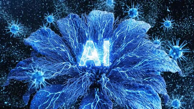 Blue AI Flower with Glowing Core and Microscopic Particles artificial intelligence bloom.