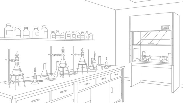 Detailed line art of a laboratory interior with equipment and glassware setup