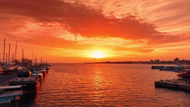 Orange sky and seascape at sunset time. Row of boats at the quay. City skyline at backdrop.
