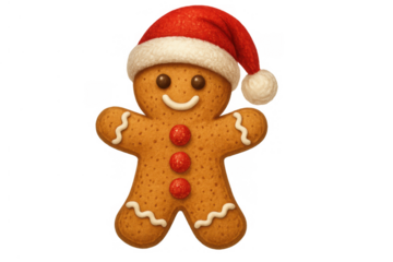 Gingerbread man cookie dressed in a santa hat, smiling cheerfully, bringing festive holiday cheer. Transparent background