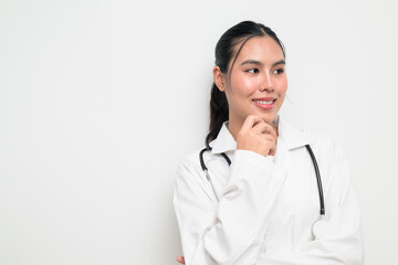 Fototapeta premium Happy Woman Doctor with Stethoscope in White Uniform on Plain Background Smiling and Thinking