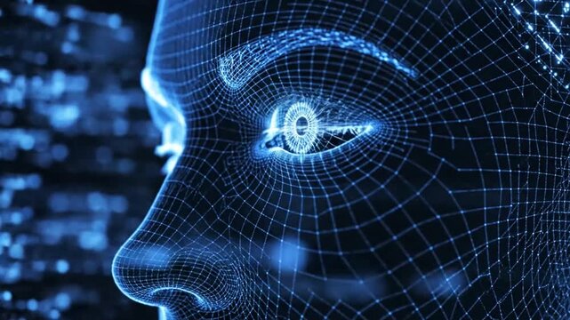 Side profile of a wireframe human face with glowing blue eyes and digital data streams artificial intelligence.
