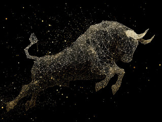 Golden Taurus bull silhouette, dynamic, starry sky backdrop, polygonal mesh texture, black background, metallic sheen, golden dots, detailed style, mid-run, charging right, contrast, de - AI-Generated