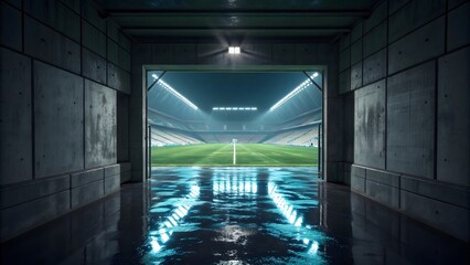Stadium entrance tunnel view with wet floor and bright lights sports arena and empty green field view