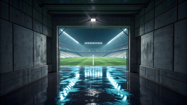 Stadium entrance tunnel view with wet floor and bright lights sports arena and empty green field view - Powered by Adobe