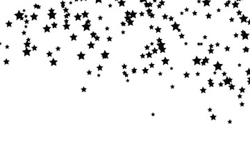 Dynamic pattern of scattered black stars raining down on a pure white surface, perfect for festive overlays and celebratory designs