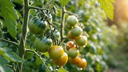 Close-up of unripe green and ripening yellow tomatoes on a vine in a garden.