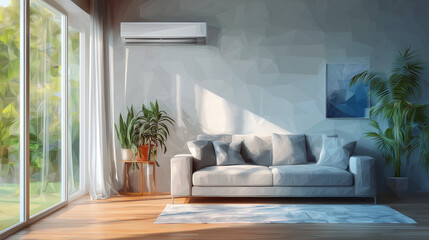 おしゃれで明るいリビングインテリアとエアコンの水彩ポリゴン