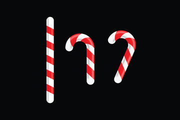 Three classic red and white striped candy canes on a black background
