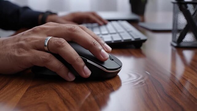 Close up of hands using a computer mouse and keyboard on a wooden desk