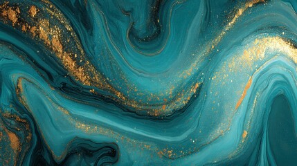 Swirling turquoise waves with golden dust create a captivating abstract.