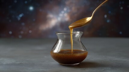 Rich golden caramel sauce poured from a spoon into a glass jar with a dreamy cosmic nebula background