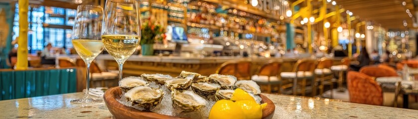 Obraz premium A stylish restaurant interior featuring a platter of oysters, two glasses of white wine, and a vibrant, inviting atmosphere.