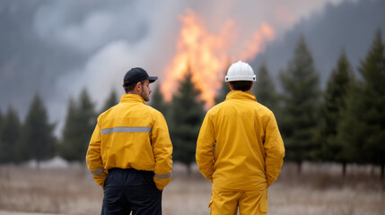 Firefighter watches flames devour trees with concern