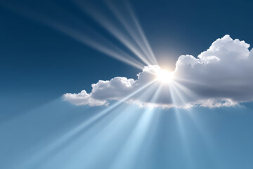 Sun rays break through clouds, shining brightly, spreading hope and warmth