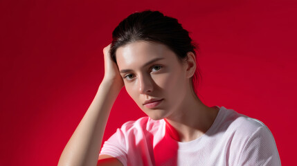 Woman feels feverish and hot with flushed face, discomfort, and fatigue