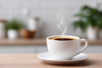 Freshly brewed coffee radiates heat, sitting peacefully on wooden surface