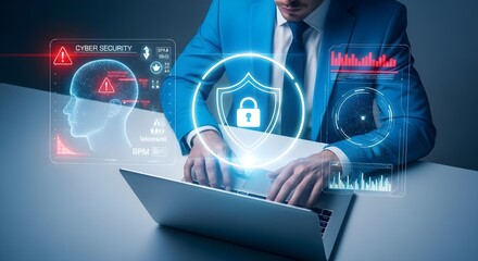 Cyber Security Expert Analyzing Data on Laptop with Futuristic Interface and Digital Brain Scan