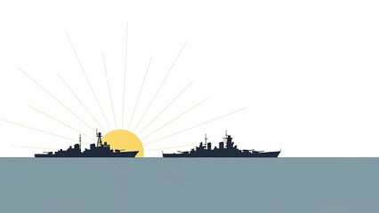 Fototapeta premium Naval Fleet at Sunset, Military Ships Silhouette, Ocean Horizon