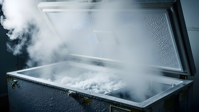 Freezer Door ajar With Condensation Vapor Leaving, an Appliance Used to Store Frozen Foods, Ice Covering the Interior Walls, Industrial Chest Freezer with Cold Mist, Extreme Close up