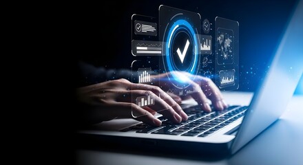 Hands typing on laptop keyboard with futuristic digital interface, data analytics, and success checkmark hologram